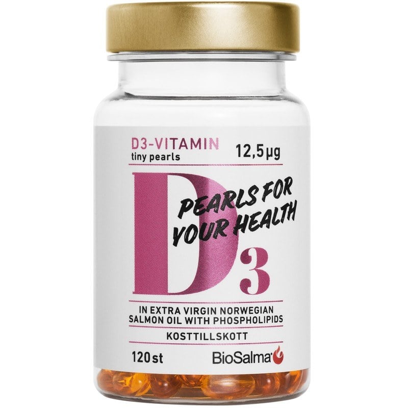 BioSalma D3-vitamin + laxolja Tiny Pearls, 120 kapslar