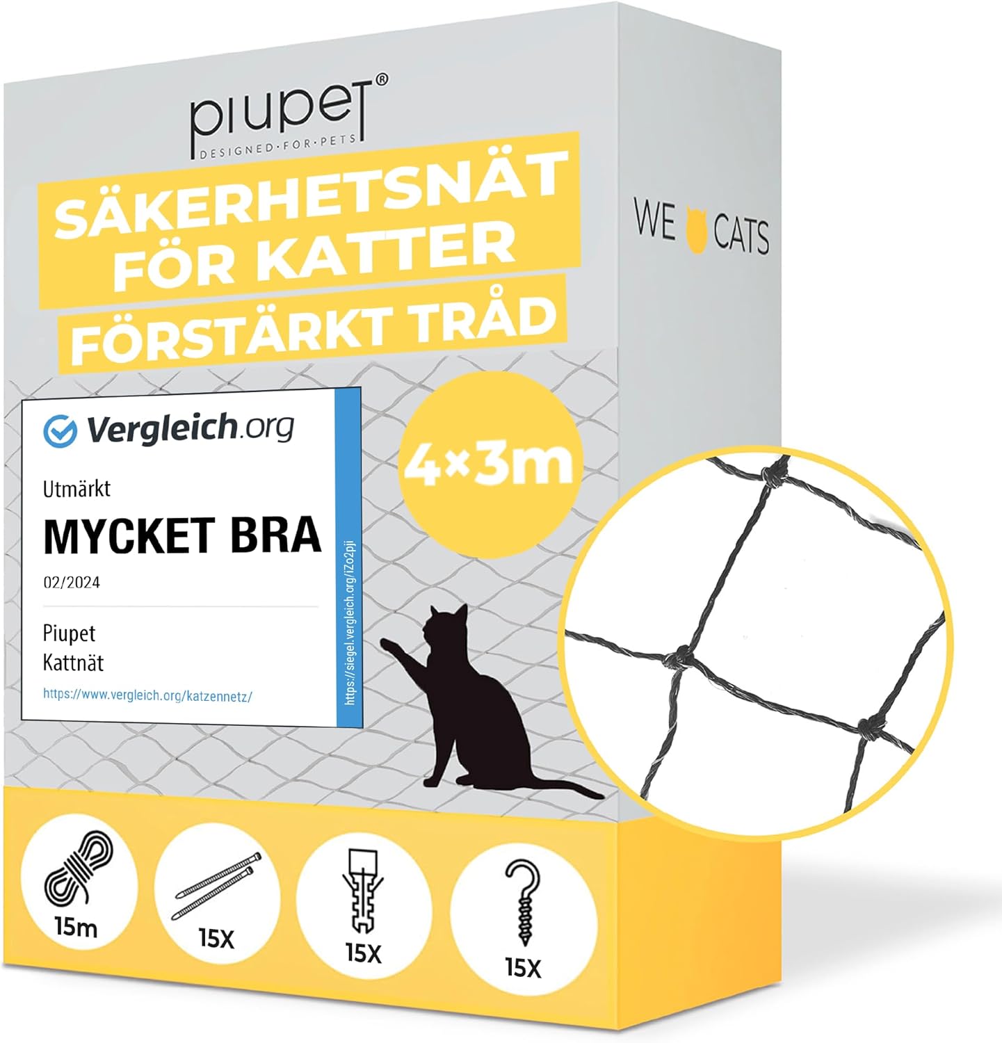 PiuPet trådförstärkt kattnät 4 x 3 m