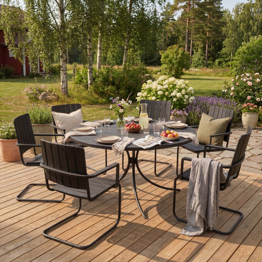 Gräsö rund matgrupp i akacia Ø130 cm, 6 stolar