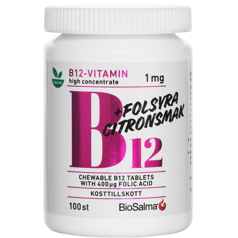 BioSalma B12-vitamin 1 mg + Folsyra 100 tuggtabletter
