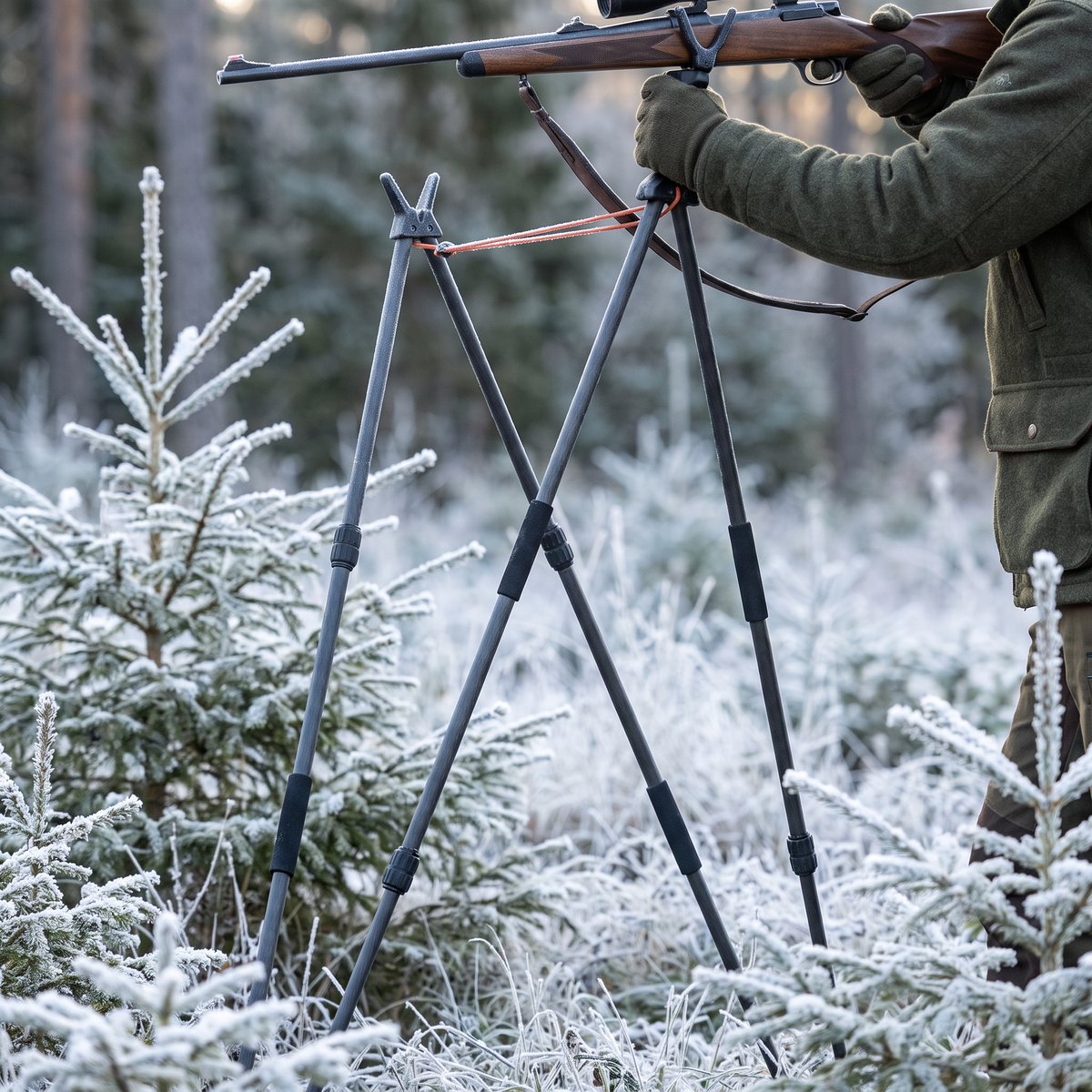 Blaser Carbon Shooting Stick 2.0 utdragen till stående höjd bland frostiga granplantor, med ett gevär i klykan