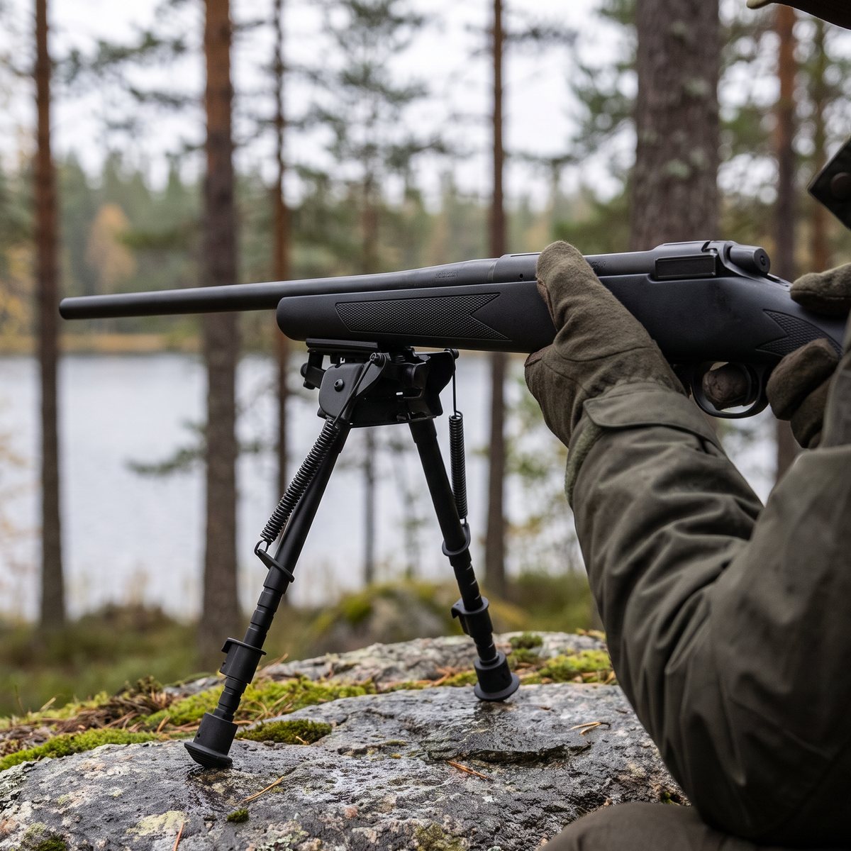 Firefield Stronghold under ett jaktgevär, med gummifötterna på en blöt berghäll vid en svensk skogssjö