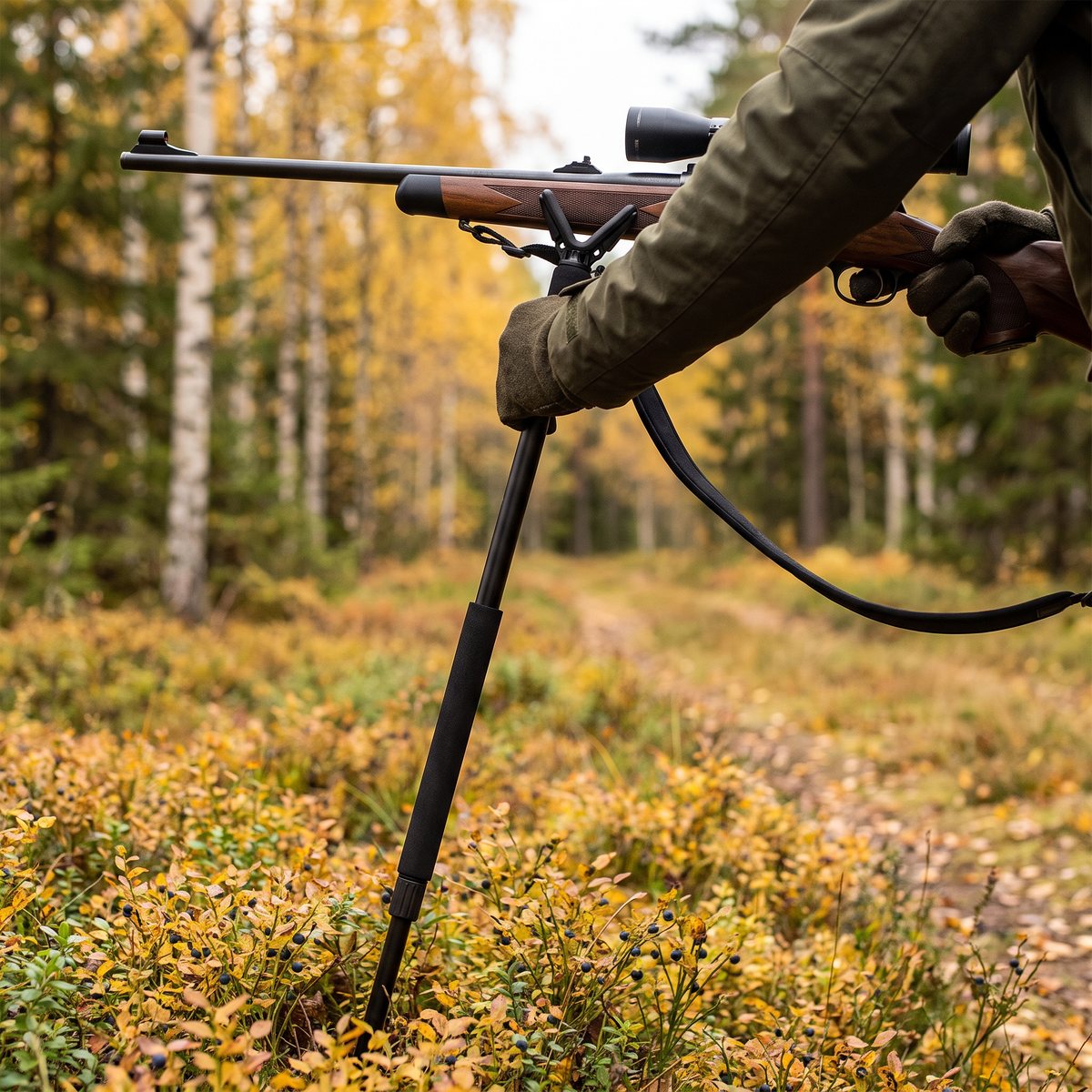 Grey Oak skjutkäpp 3-delad med ett gevär i den gummiklädda klykan, i blåbärsris vid en höstgul björkskog