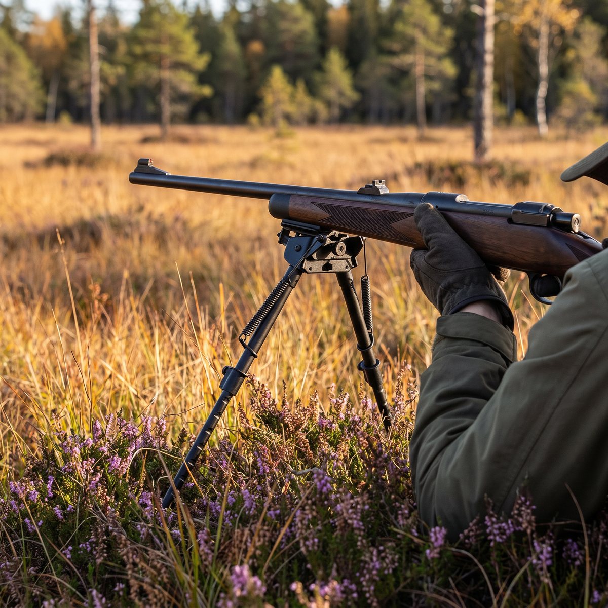 Harris Bipod 25S monterat under ett jaktgevär, med benen nere i ljung och högt gräs på en svensk myr