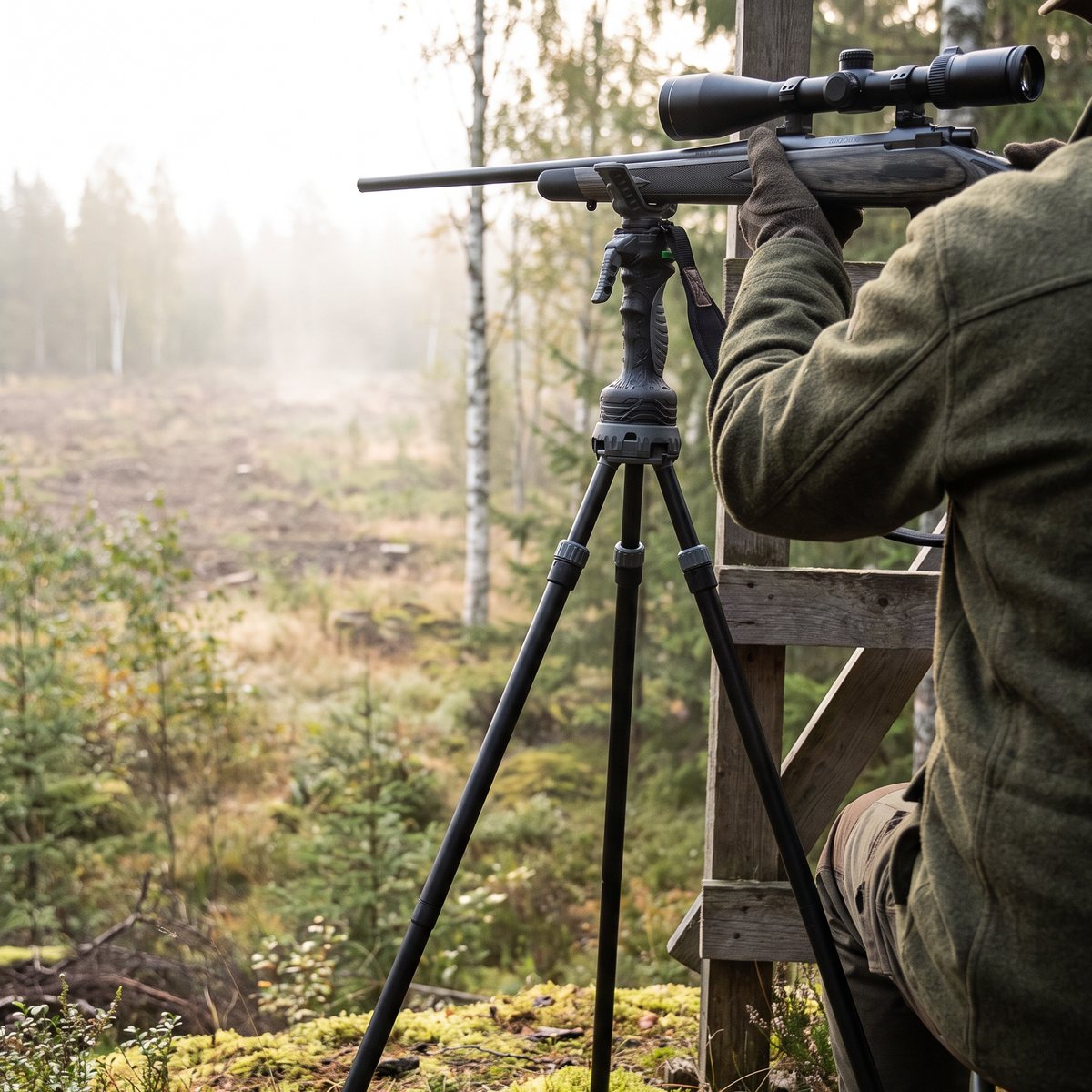 Primos Trigger Stick Gen III Tall Tripod står på egna ben på mossig mark vid ett jaktpass i svensk granskog, med ett gevär vilande i klykan