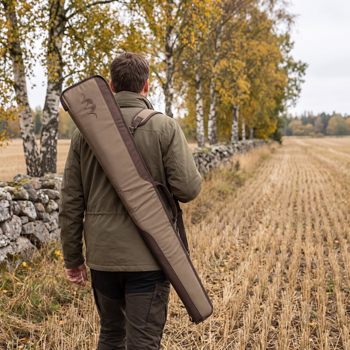 Brunt Blaser Essential-hagelfodral buret över axeln längs en stubbåker med björkar