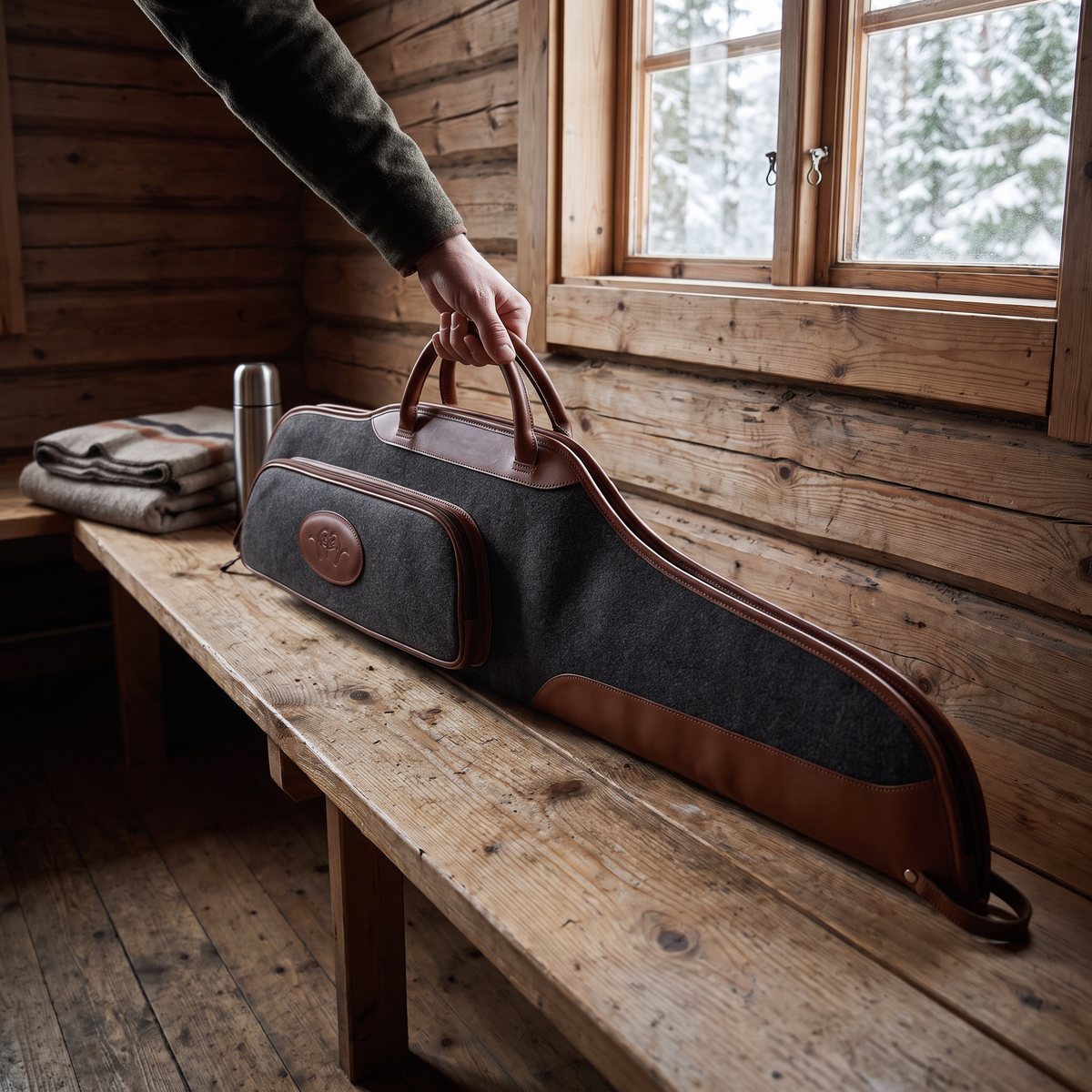 Grått Blaser-vapenfodral i loden med bruna läderkanter på en träbänk i en svensk jaktstuga