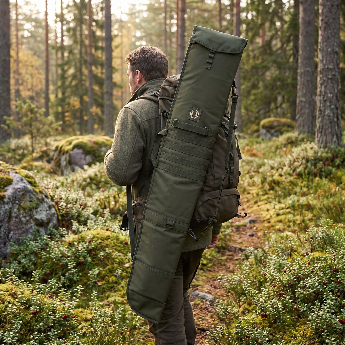 Olivgrönt Chevalier Ranger-vapenfodral fäst på en jägares ryggsäck på en mossig stig i svensk tallskog