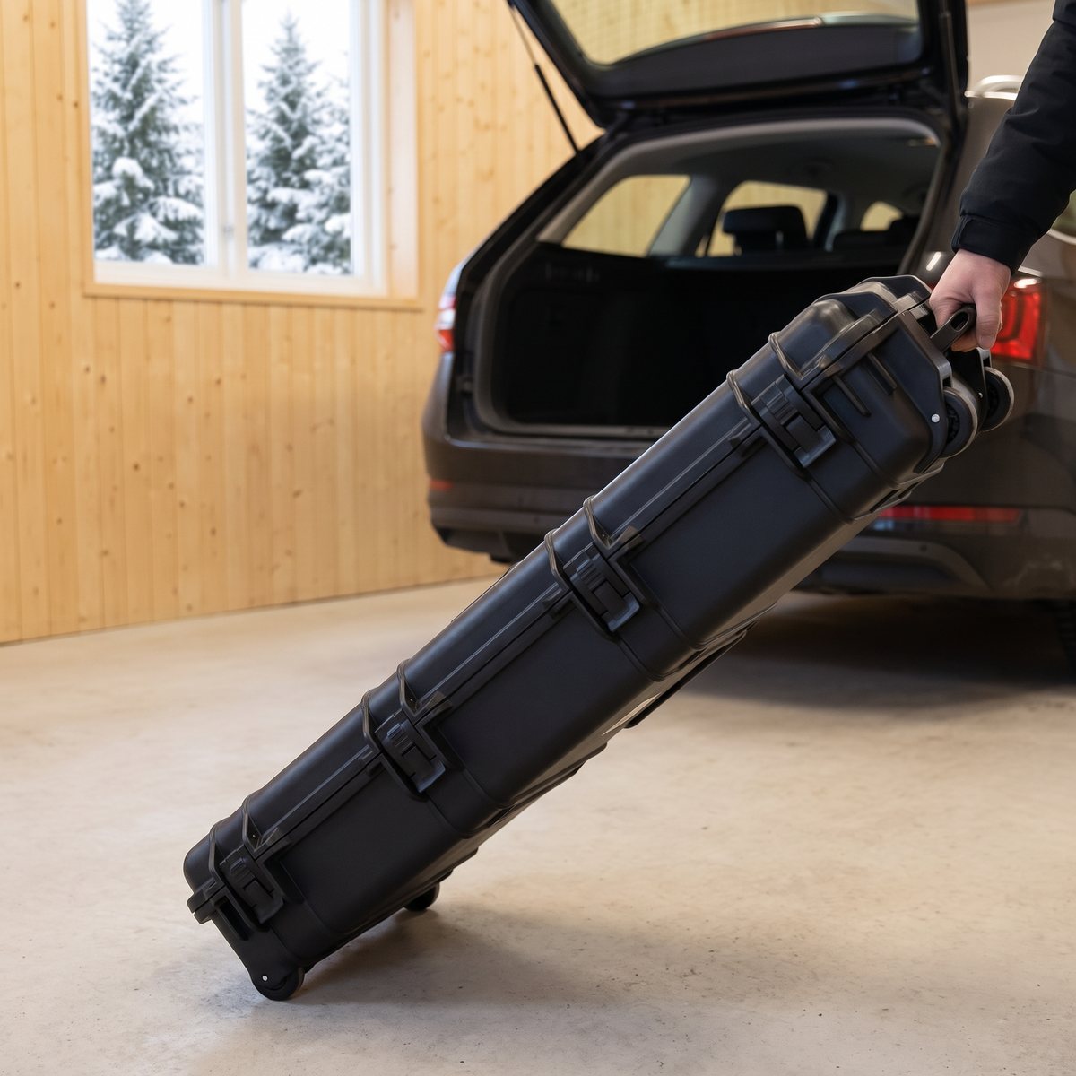 Svart hård vapenväska från vidaXL rullas på sina hjul över ett garagegolv mot en kombibil