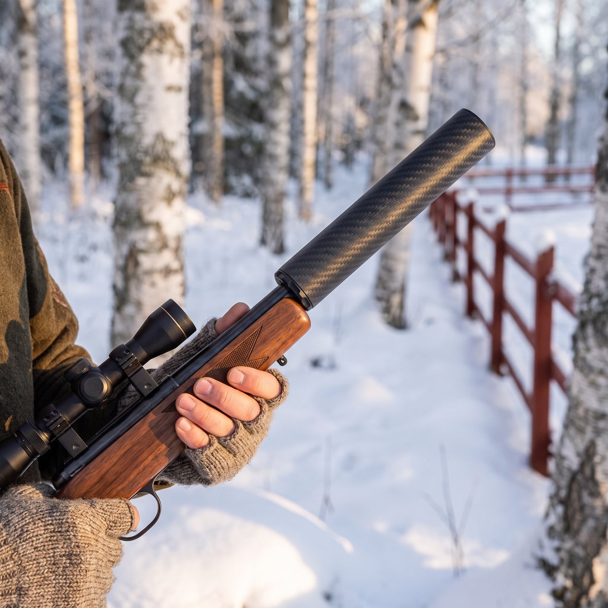 A-Tec Wave Carbon ljuddämpare i kolfiber på ett salongsgevär med trästock, hållet med stickade vantar i en snöig svensk björkskog