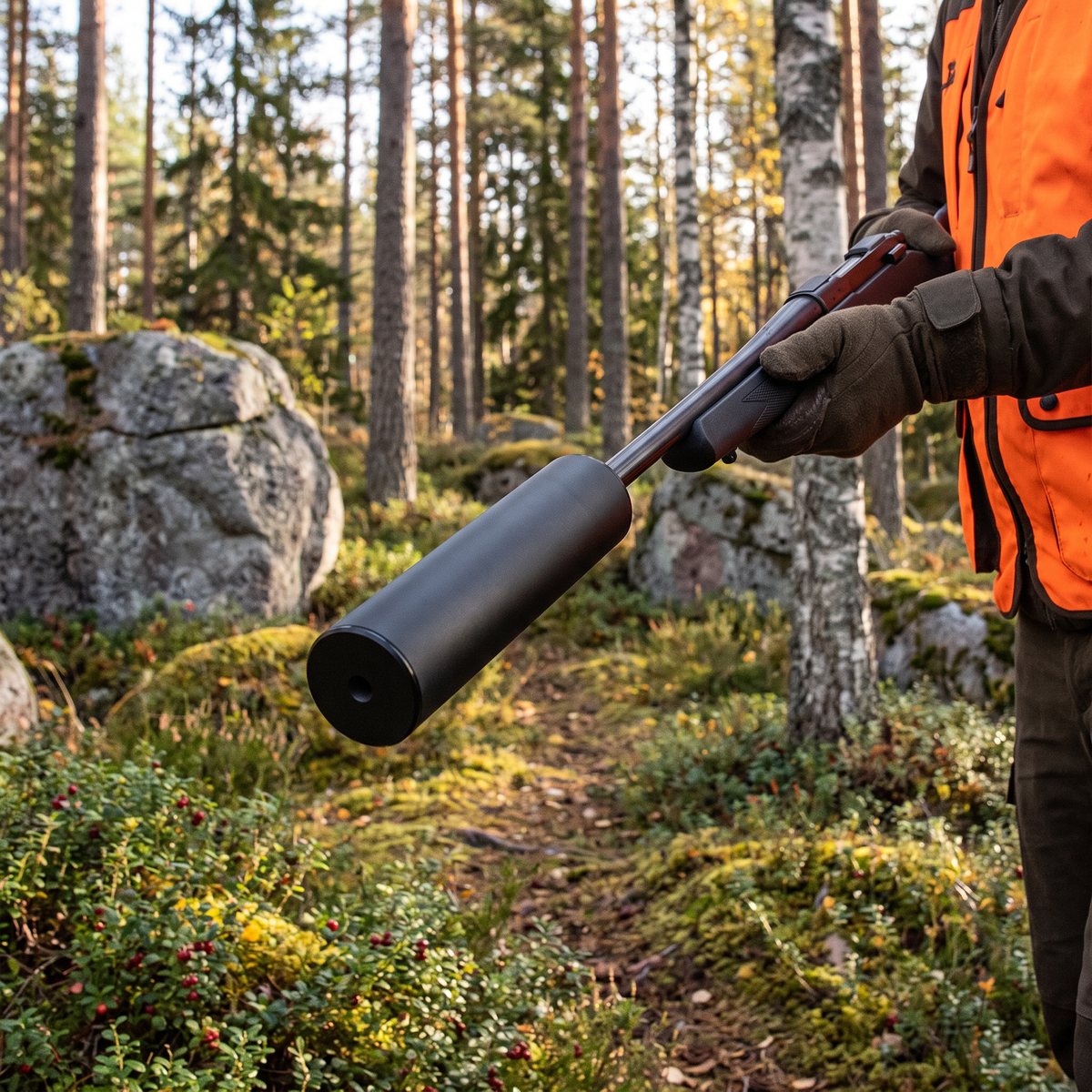 Jaki Titanium Hunter ljuddämpare på ett jaktgevär som hålls av en jägare i orange väst i svensk tall- och björkskog med granitblock och lingonris