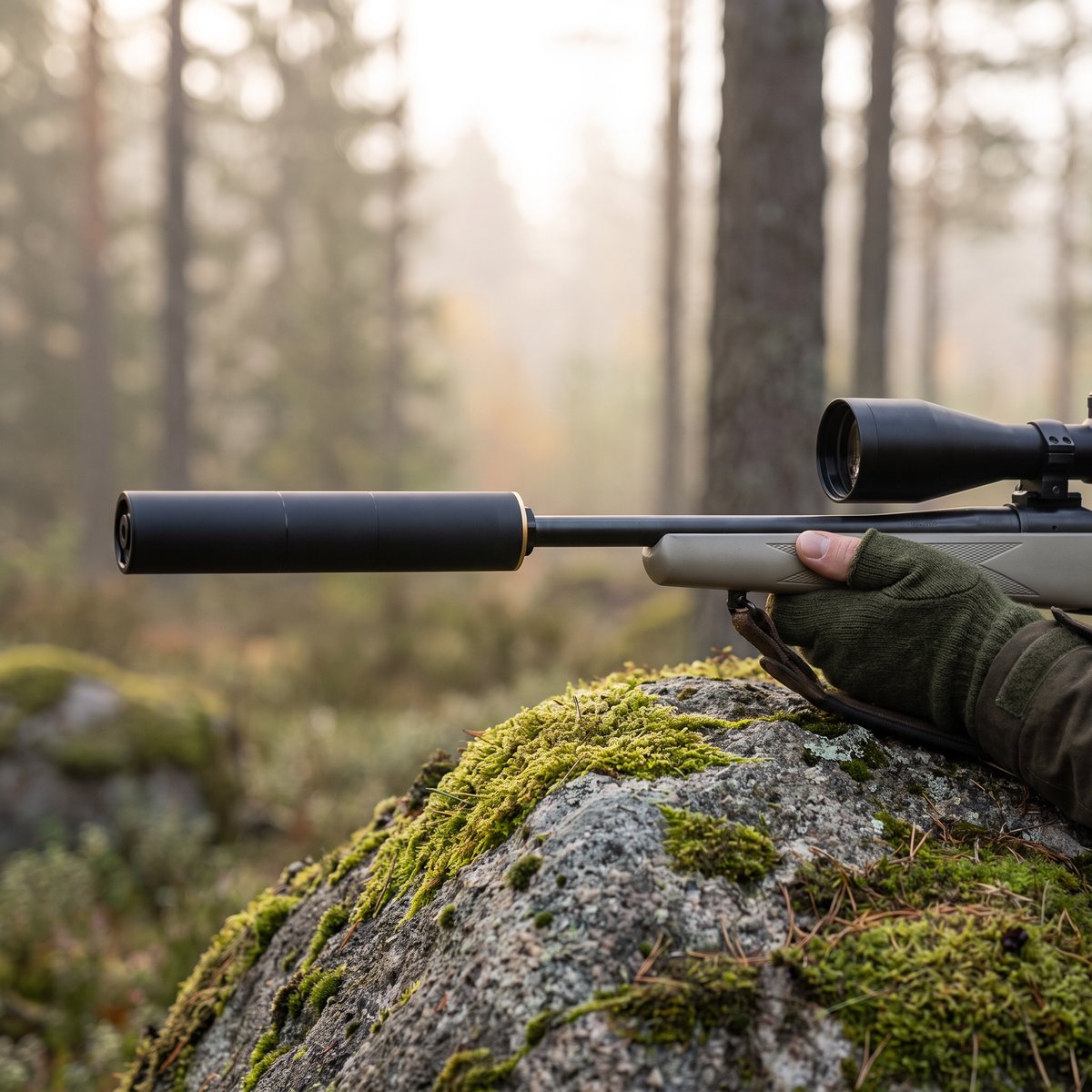 Smal Stalon Victor ljuddämpare på en kulstudsare med kikarsikte, som vilar över ett mossbeklätt granitblock i dimmig svensk tallskog