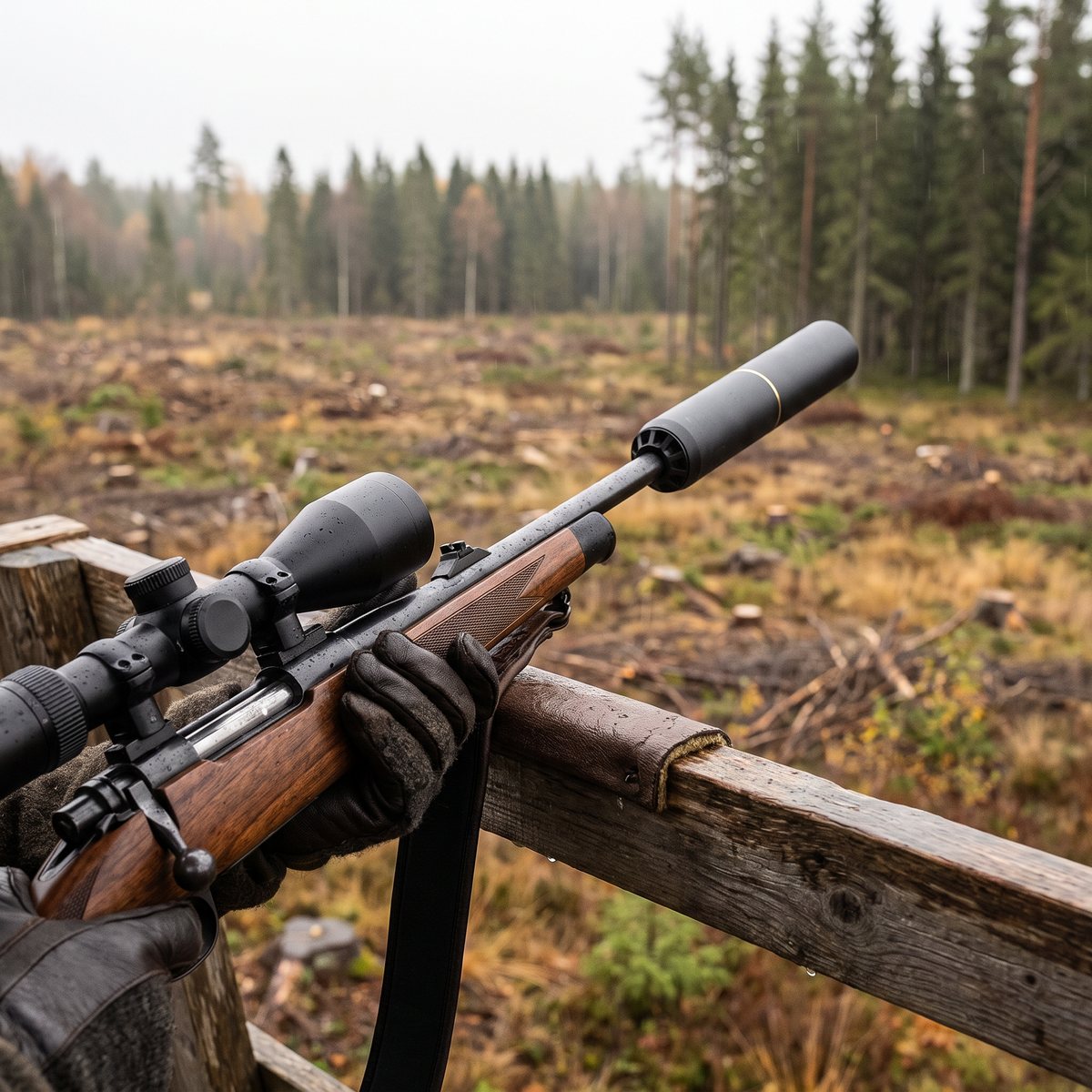 Stalon X108 ljuddämpare med guldfärgad ring på en kulstudsare med kikarsikte, lagd mot räcket i ett jakttorn vid ett höstligt hygge i svensk granskog
