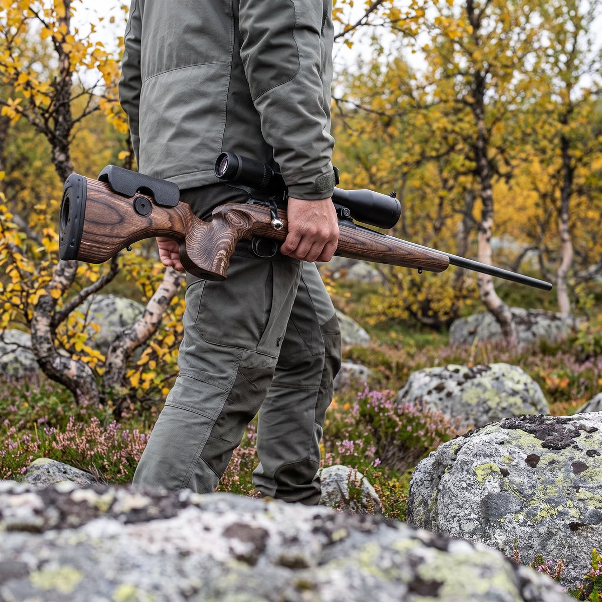 GRS Hunter Light i brunt björklaminat på ett gevär som bärs av en jägare genom fjällbjörkskog med ljung och granitblock