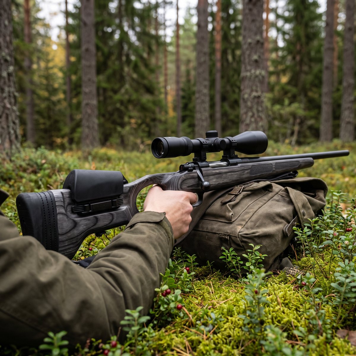 KKC Duogrip i grålaminat med justerbart kindstöd, hållen i greppet av en jägare som ligger på mossa och lingonris i svensk barrskog