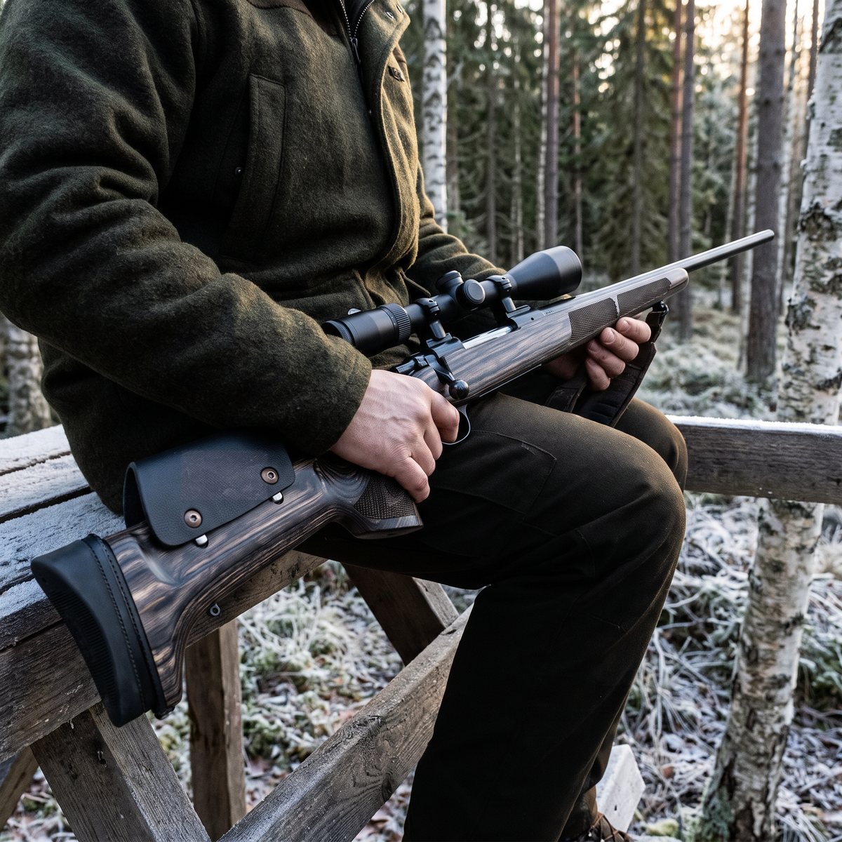 KKC Hunting laminatkolv i mörkt krysslaminat på ett gevär som vilar i knät på en jägare på ett älgpass i frostig svensk granskog