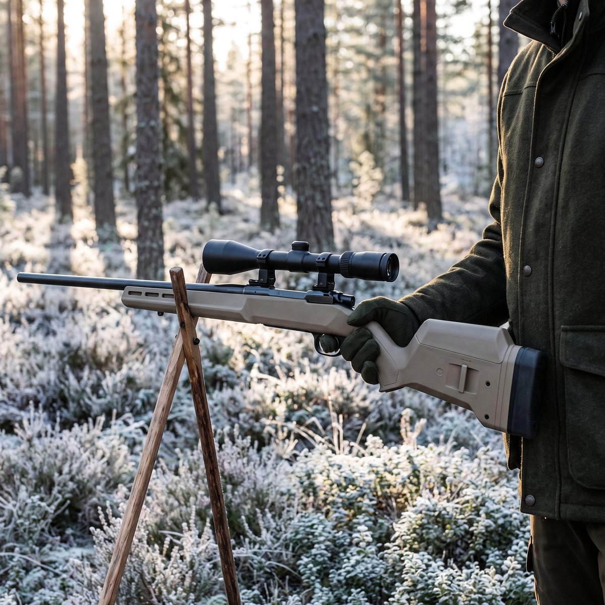 Magpul 700 Hunter Stock i sandfärgad polymer på ett gevär med framstocken vilande på en skjutkäpp i frostig svensk tallskog
