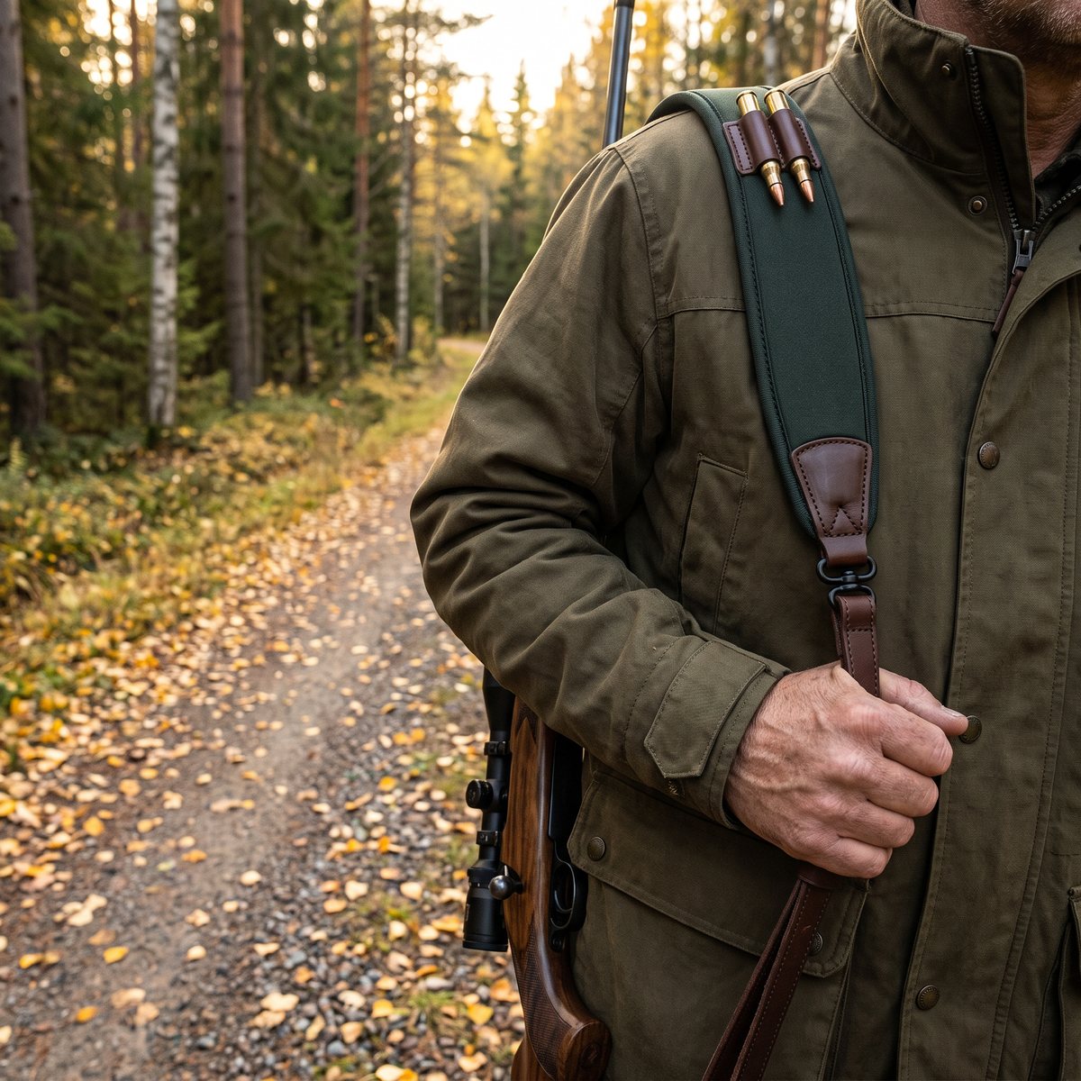 Blaser Vapenrem Professional med grön elastisk axeldel och två patroner på axeln hos en jägare vid en grusad skogsväg i svensk höstskog