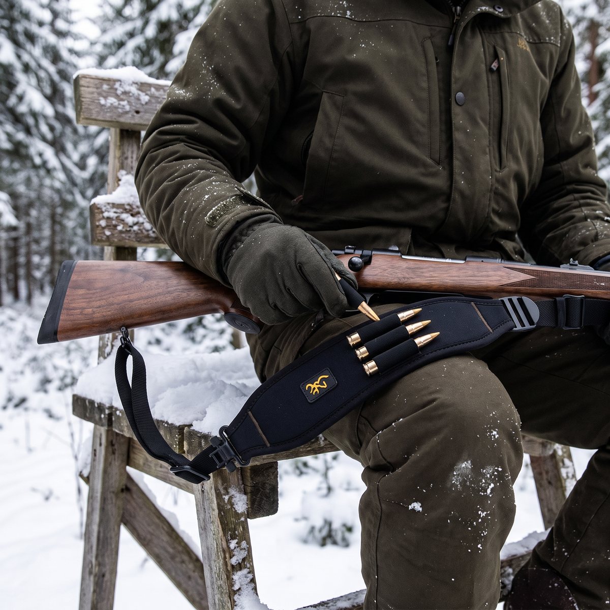 Browning Vapenrem All Season med tre patroner i hållaren, en behandskad hand tar en patron på ett snöigt jaktpass i svensk granskog