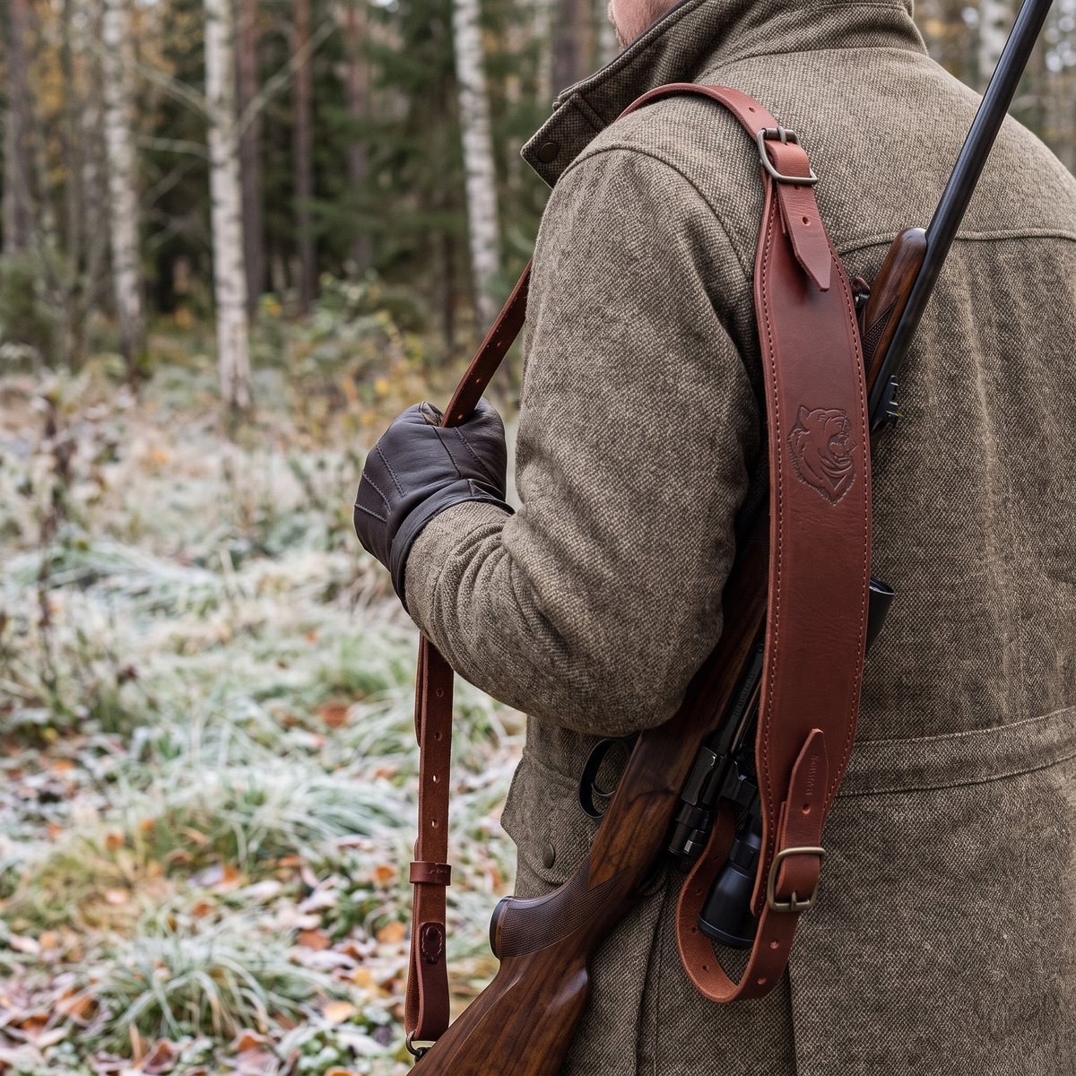 Edvardssons Vapenrem läder Kobra i antikbrunt läder med präglat björnhuvud på axeln hos en jägare i frostig svensk björkskog