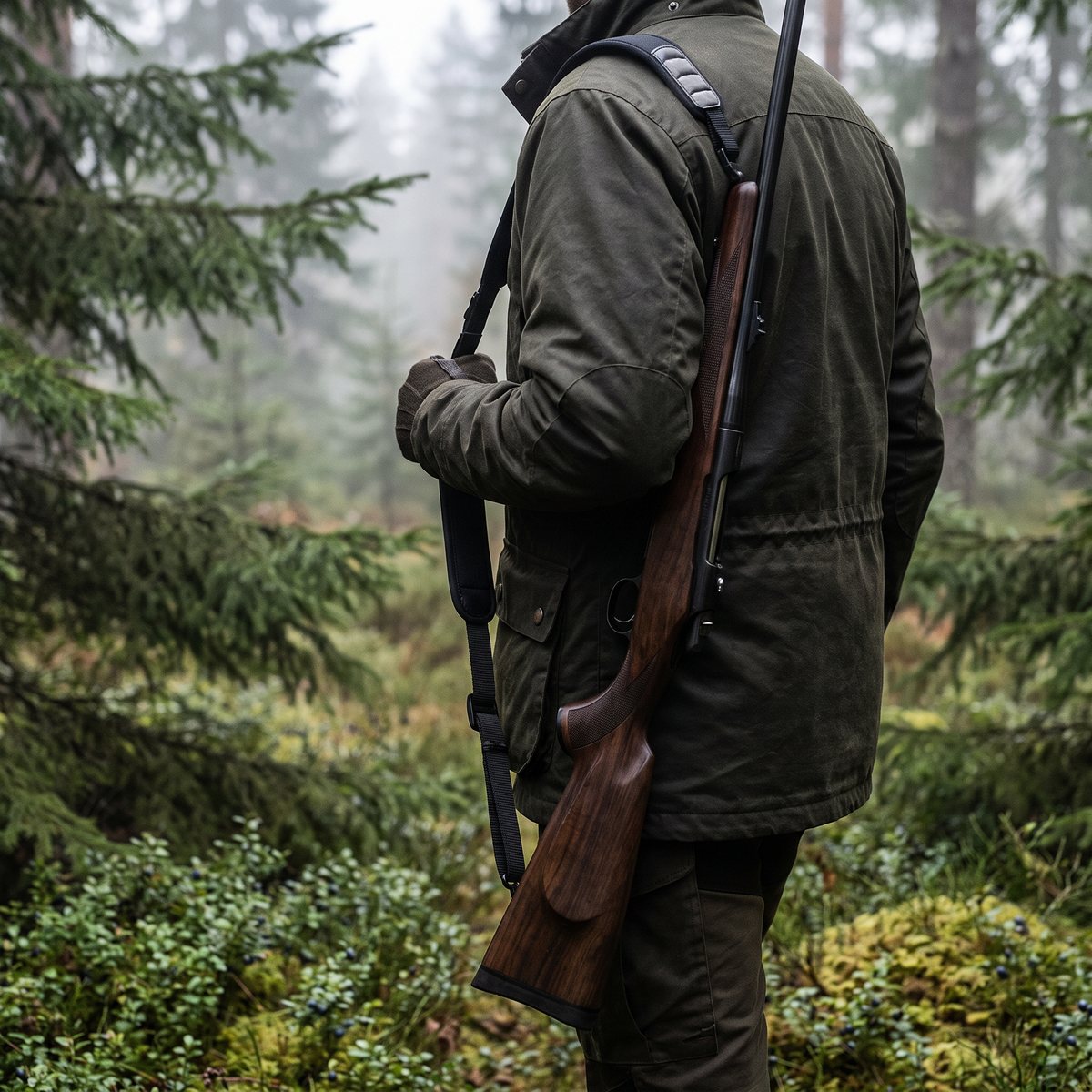 Niggeloh Vapenrem Automatic i svart neopren på axeln hos en jägare som smyger genom tät ungskog av gran en dimmig höstmorgon