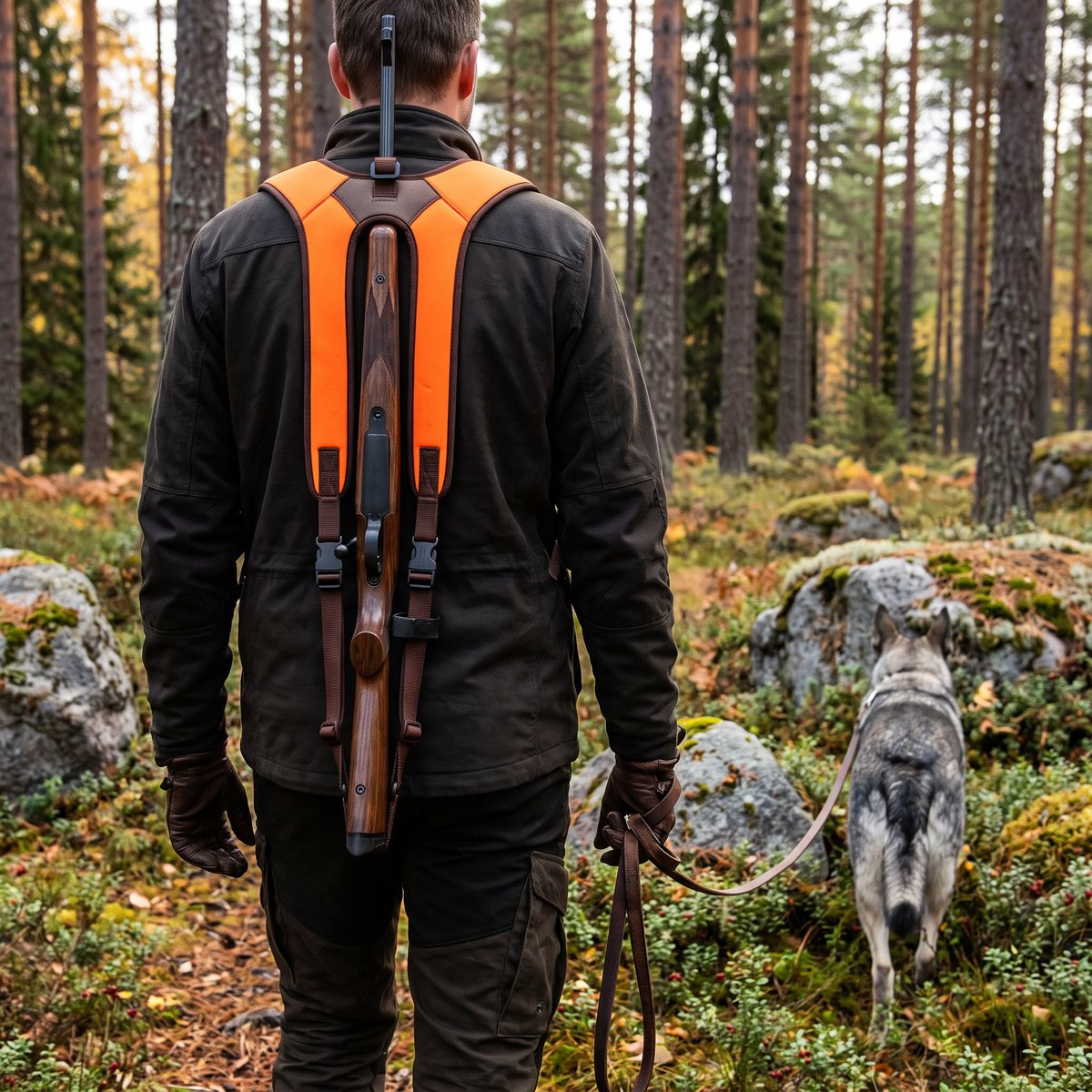 Niggeloh Titan II i orange neopren med geväret buret som en ryggsäck mitt på ryggen hos en hundförare med jämthund i svensk tallskog med granitblock
