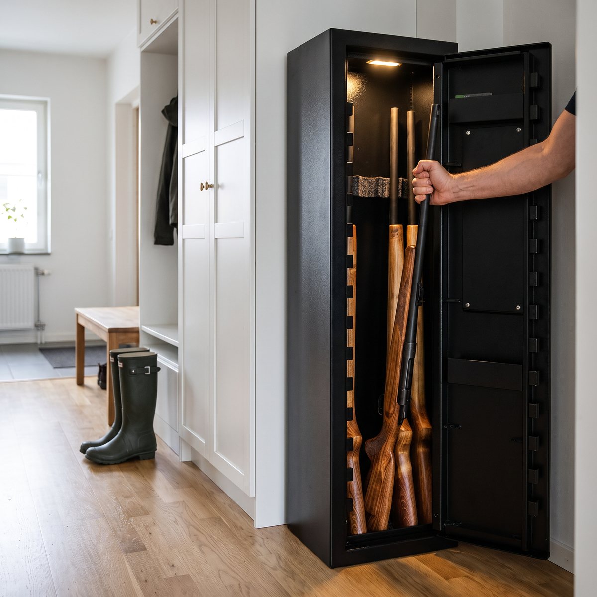 Smalt svart vapenskåp Scandinavian Safe SP4 bredvid en vit hallgarderob, där en hand ställer in ett jaktgevär i det upplysta skåpet