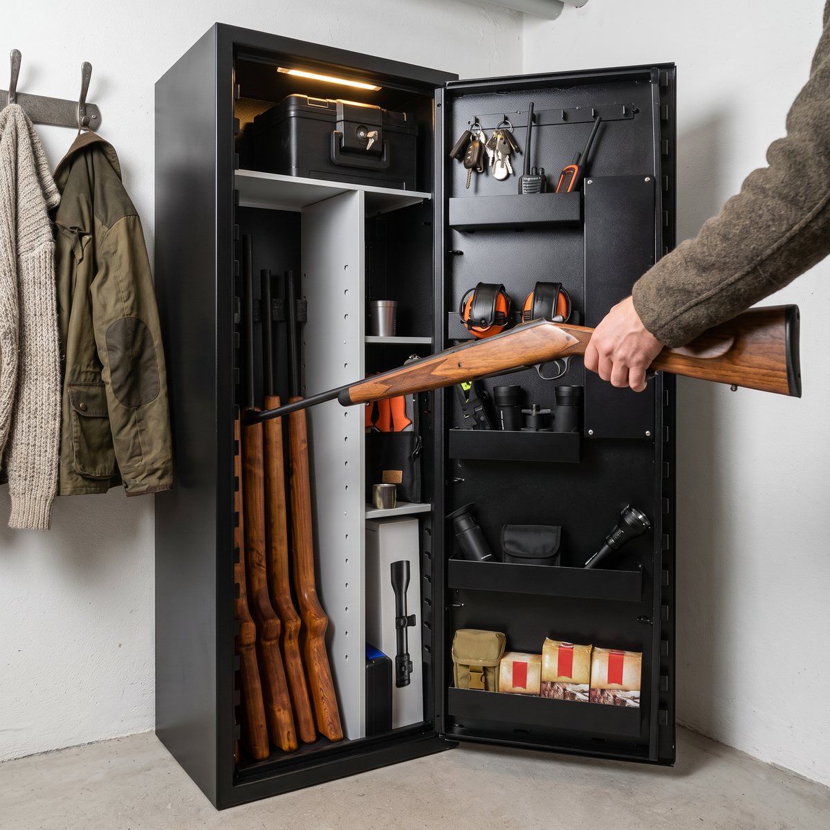 Svart vapenskåp Scandinavian Safe SP88 med öppen dörr i ett källarförråd, där en hand ställer in ett jaktgevär bland flera andra i det upplysta skåpet
