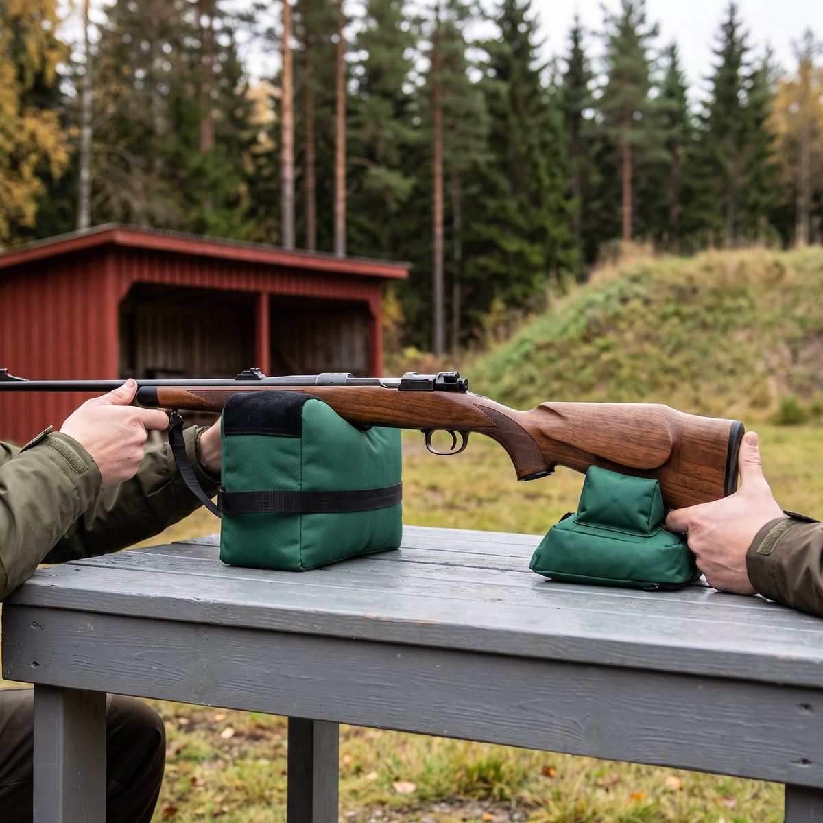 Grön fram- och baksäck från Caldwell under ett jaktgevär med trästock på en skjutbänk vid en svensk skjutbana med rött skjul och granskog