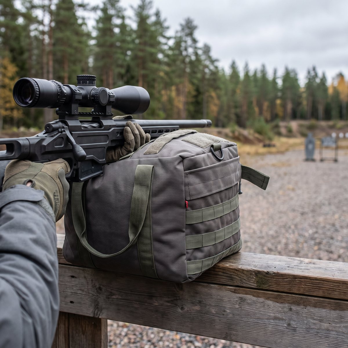 Grå skjutsäck med olivgröna MOLLE-band på en barrikadplanka under ett precisionsgevär på en svensk skjutbana i tallskog