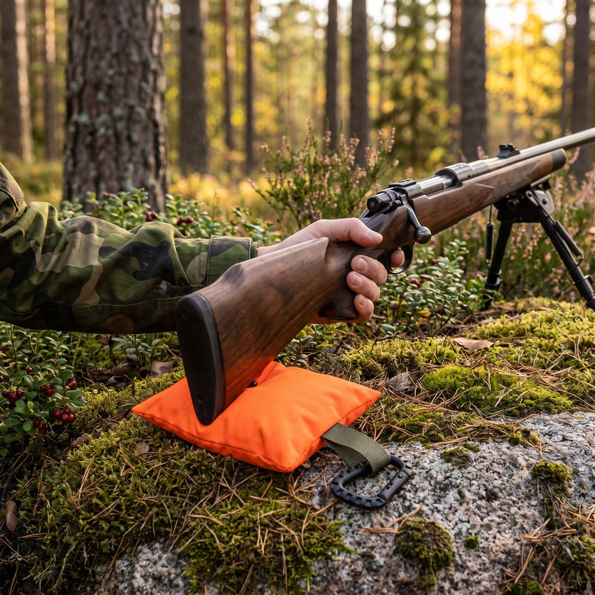 Platt orange baksäck under kolven på ett jaktgevär med bipod, liggande på mossa och granit i svensk tallskog