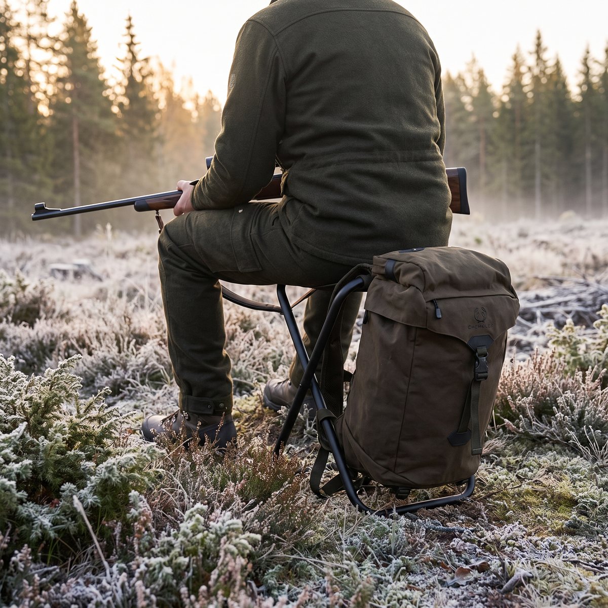 Jägare som sitter lågt på Chevalier Chair Pack bakom en enbuske vid ett frostigt hygge i svensk granskog