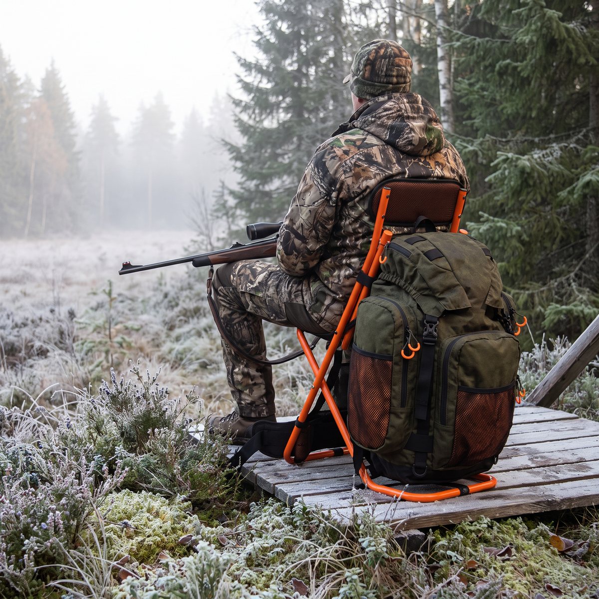 Fauna Björnen EVO stolsryggsäck med orange aluminiumram och ryggstöd, uppfälld som stol på ett frostigt jaktpass vid en svensk granskog