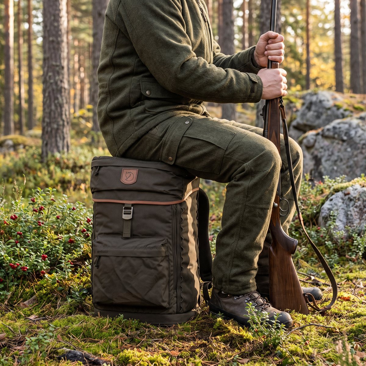 Jägare som sitter direkt på Fjällräven Singi Stubben-ryggsäcken på mossan i en svensk tallskog med lingonris
