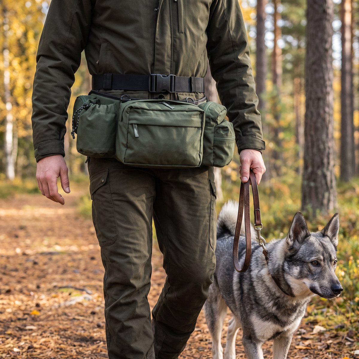 Hundförare med grön Pinewood Ranger midjeväska och en gråhund i koppel på en skogsstig i svensk tall- och björkskog