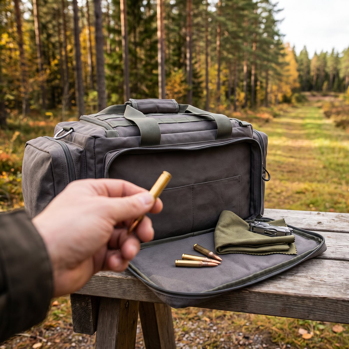 Grå Ulfhednar fältväska på en träbänk vid en svensk skjutbana, med en utfälld sidoficka som bord för patroner
