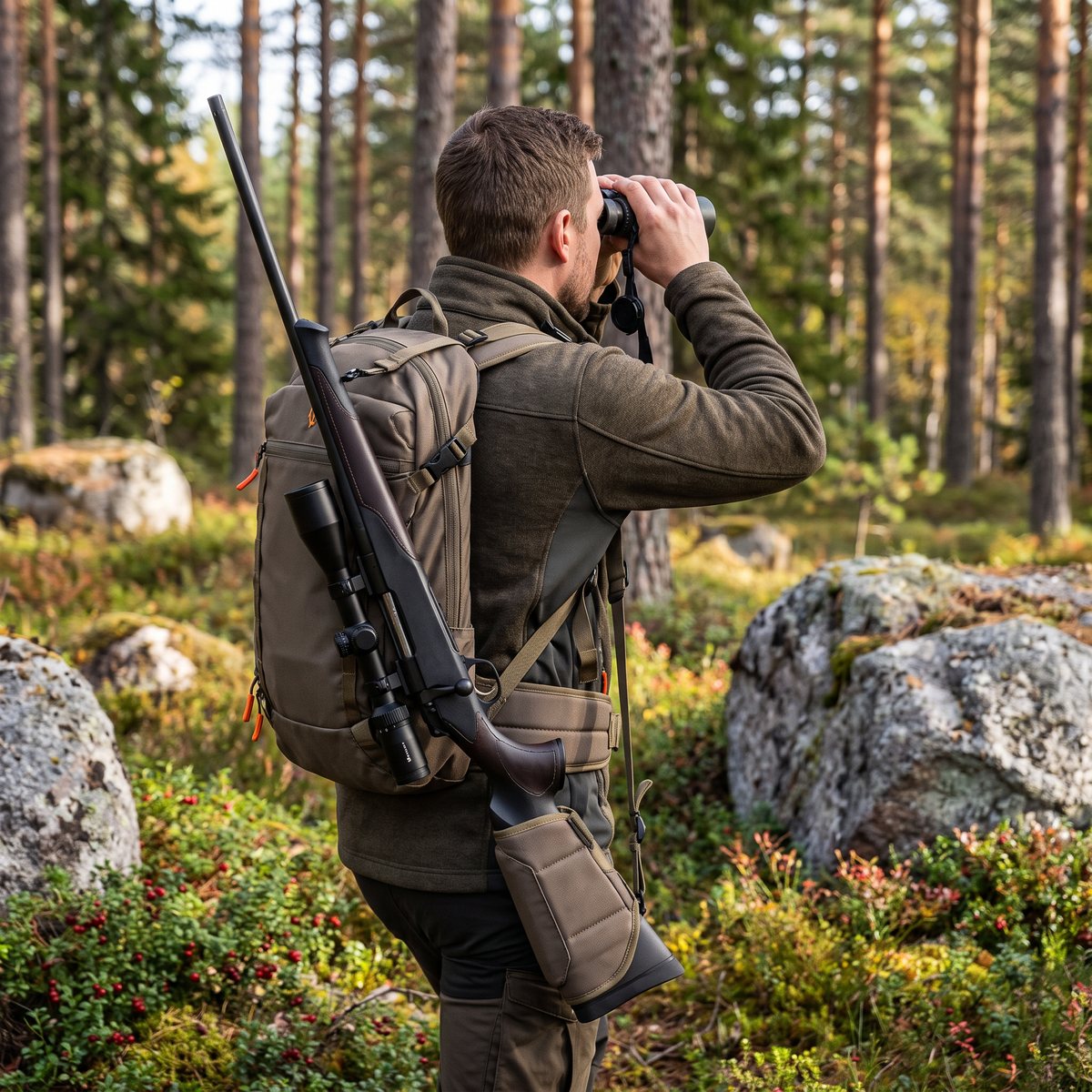 Jägare med Vorn LT12 på ryggen och geväret i hölstret, kikare i händerna, i en svensk tallskog med mossa och granitblock