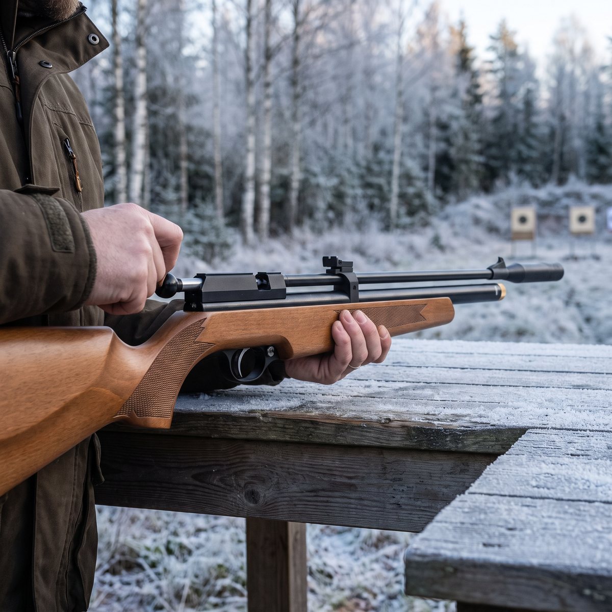 Artemis PR900W Gen 2 med träkolv laddas med slutstycket vid ett frostigt skjutbord i en svensk björkskog