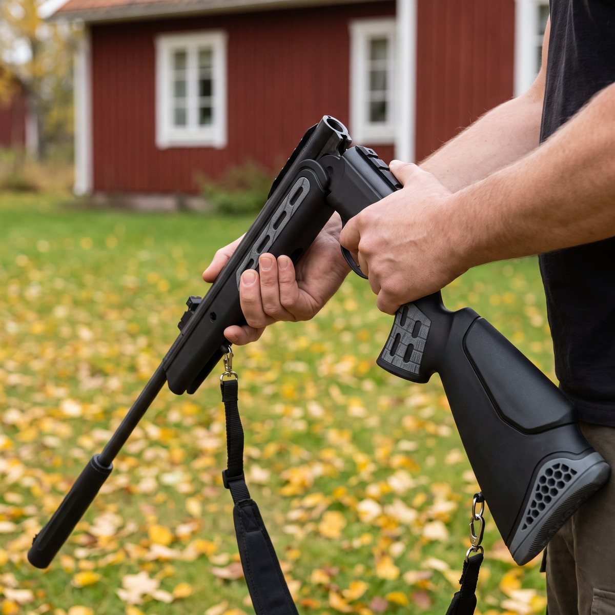 Hatsan 125 Sniper med brytpipan nedfälld för laddning, hållen i händerna på en gräsmatta framför ett rött trähus