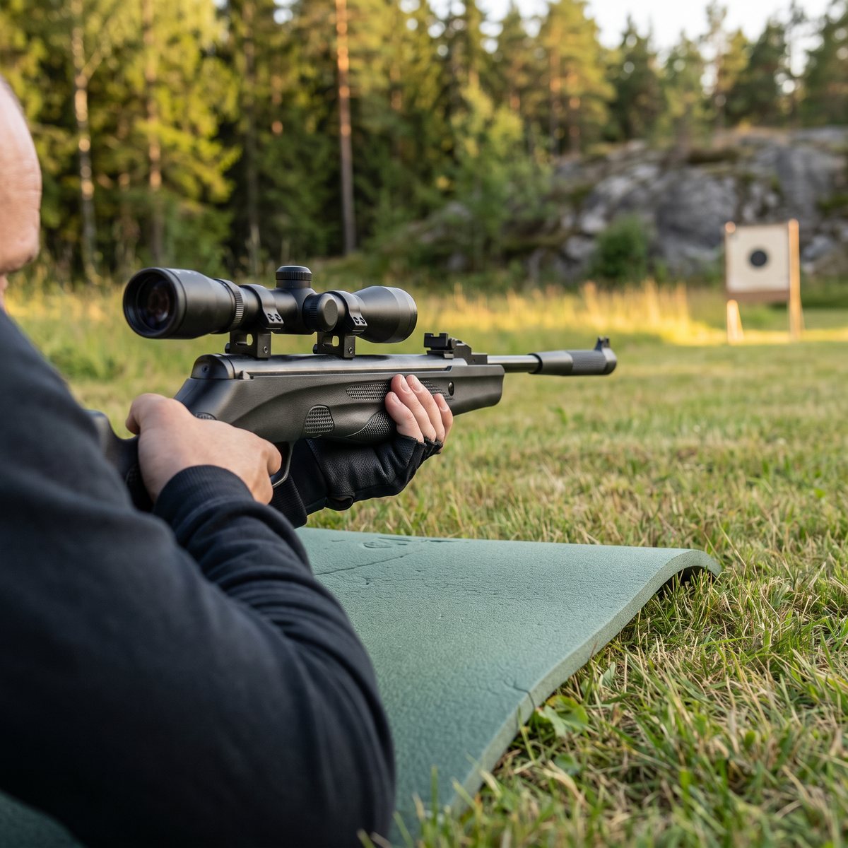 Stoeger RX20 Dynamic med kikarsikte i liggande skytte på ett liggunderlag mot en pappersmåltavla vid en svensk äng med granskog