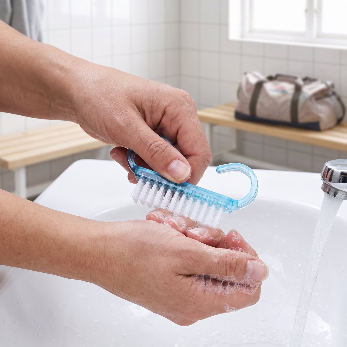 Hand skrubbar fingertopparna med en liten blå nagelborste vid ett handfat i ett svenskt omklädningsrum