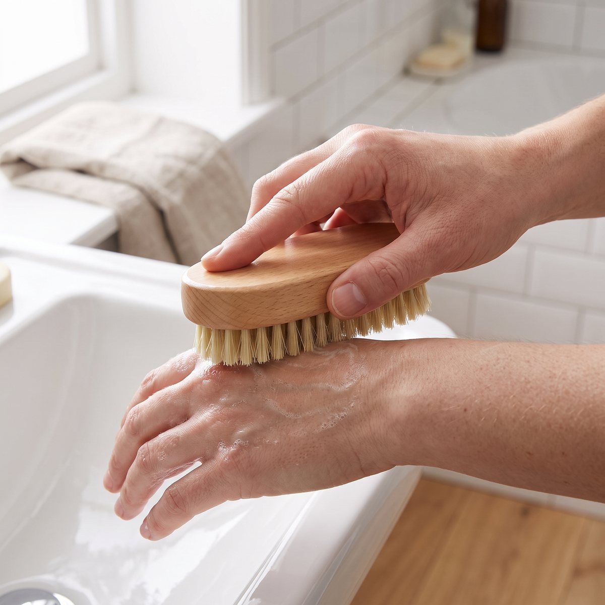 Hand exfolierar handryggen med en handborste av ljust trä och naturborst vid ett handfat i ett svenskt badrum