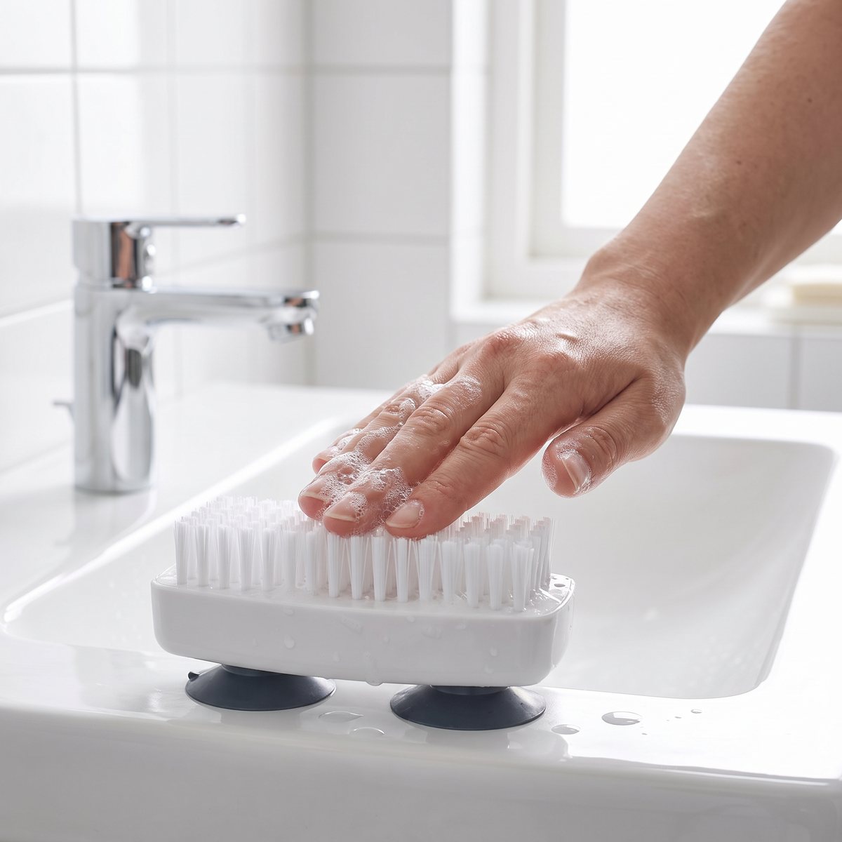 Vit nagelborste fastsatt med sugkoppar på ett handfat medan en hand drar fingertopparna över strånen