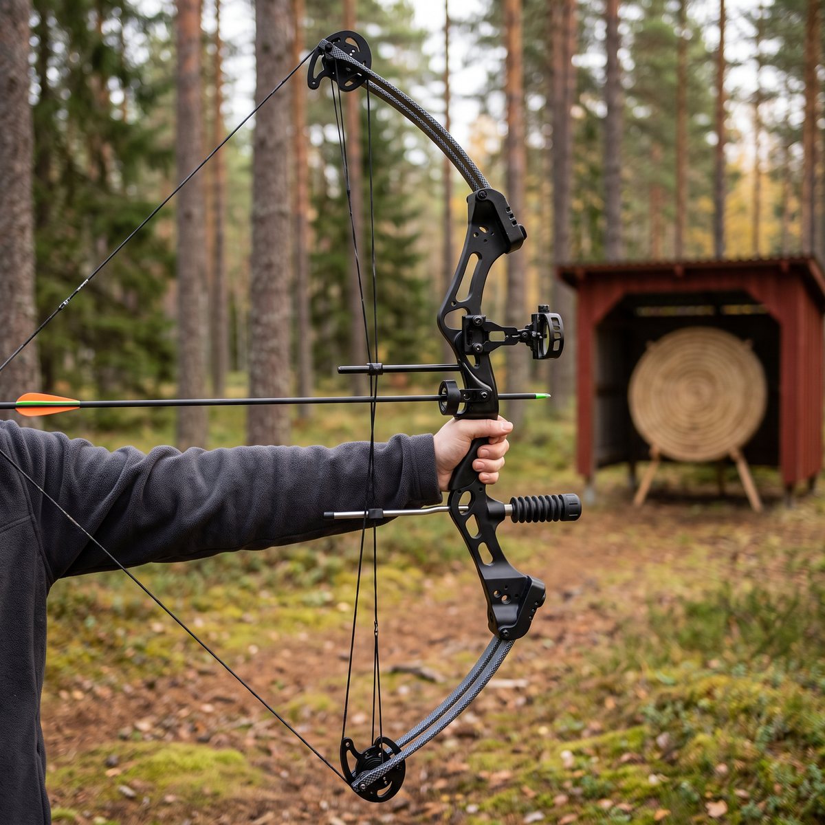 Svart compoundbåge med sikte och stabilisator dras fullt mot en halmtavla på en skogsbana bland tallar