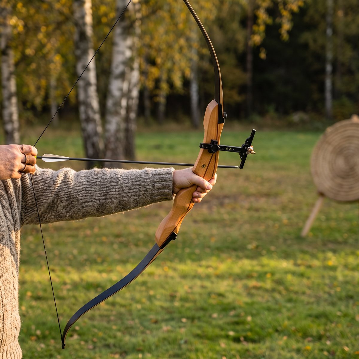 Recurvebåge med trähandtag och sikte dras på en gräsbana med björkar en höstkväll