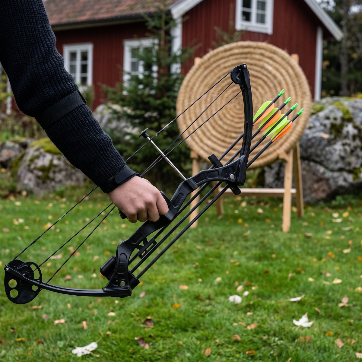 Kompakt svart ungdomscompound med fyra pilar i pilhållaren bärs över en gräsmatta mot en halmtavla vid ett rött hus