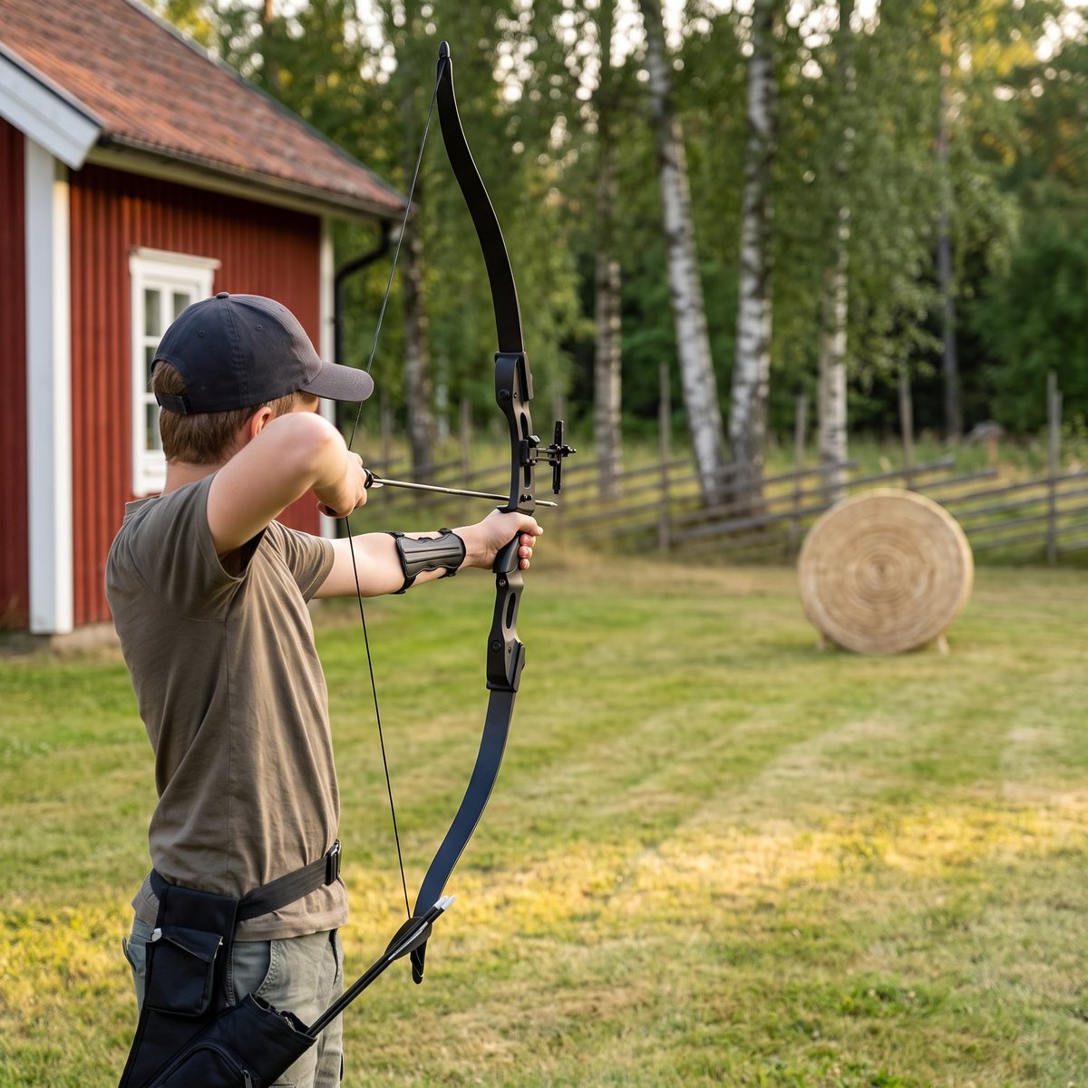 Tonåring skjuter med svart ungdomsrecurve med armskydd och koger mot en halmtavla vid en röd stuga