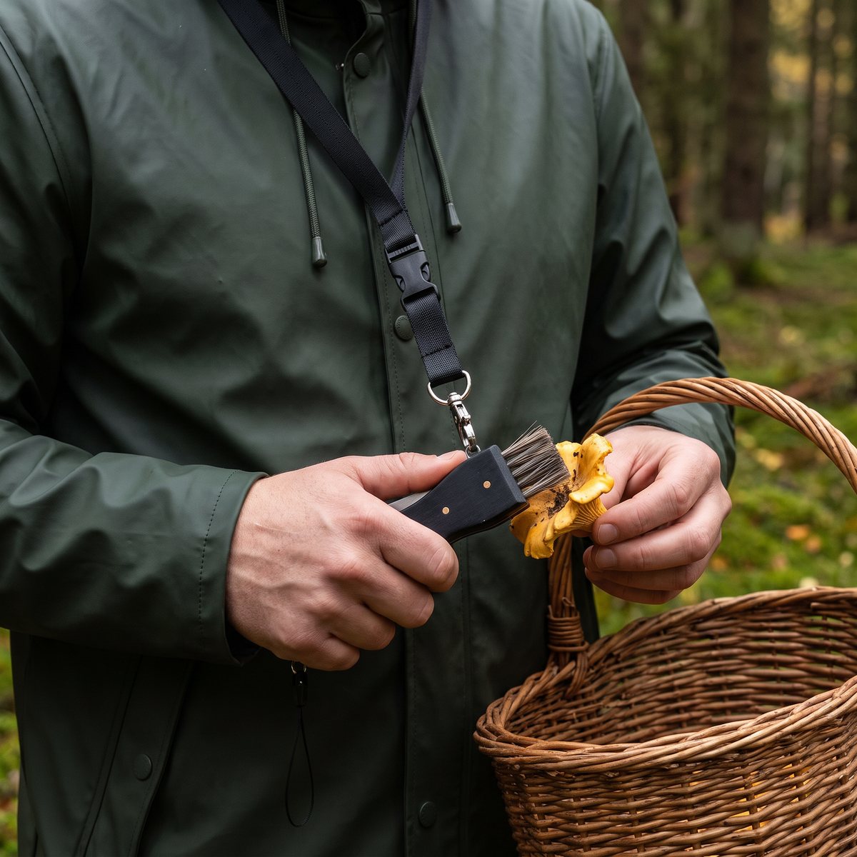 Marjukka svampkniv hänger i en rem om halsen på en svampplockare i regnjacka som borstar en kantarell över korgen i svensk skog