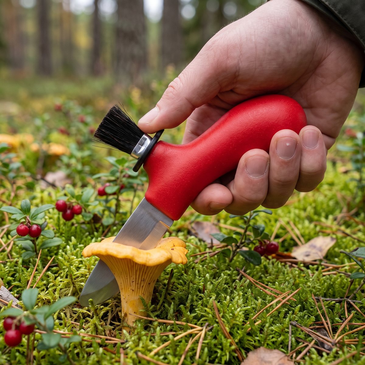 Röd Morakniv Karl-Johan svampkniv som skär av en kantarell i mossan i en svensk tallskog med lingonris