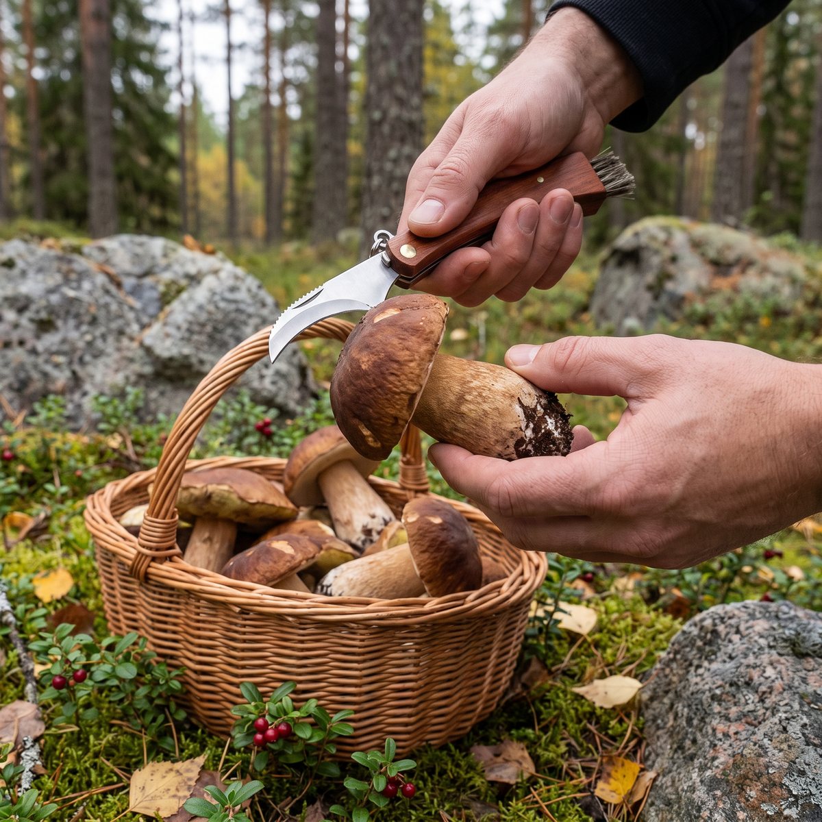 Muurikka svampkniv med träskaft och borste används för att rensa en nyplockad karljohansvamp över en svampkorg i en svensk tallskog